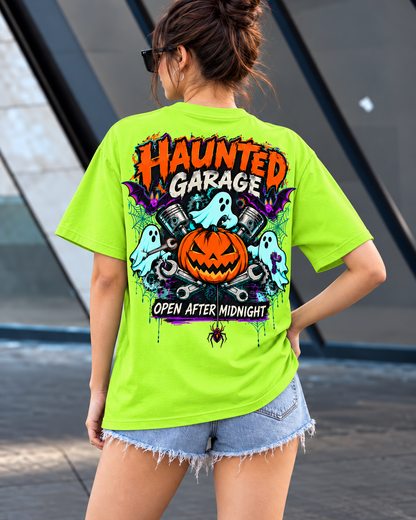 Haunted Garage Halloween Unisex T-Shirt – Mechanic Ghost & Pumpkin Tee💗