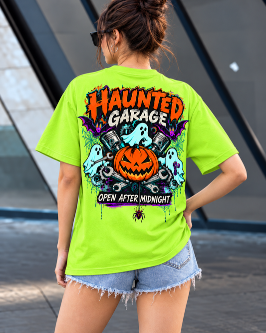 Haunted Garage Halloween Unisex T-Shirt – Mechanic Ghost & Pumpkin Tee💗