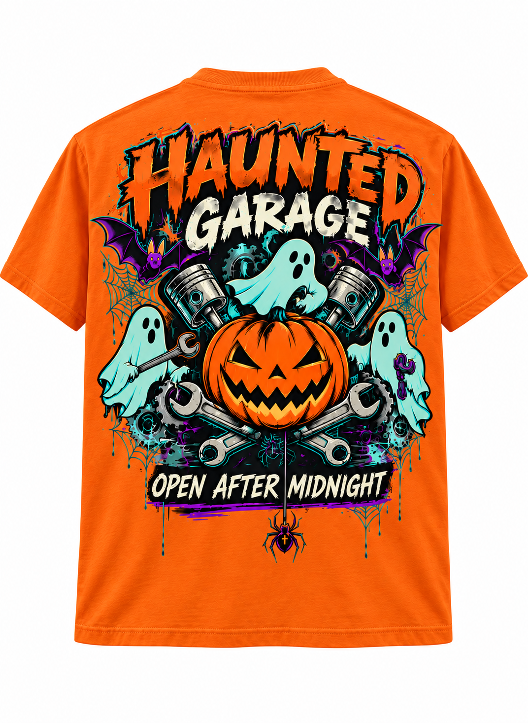 Haunted Garage Halloween Unisex T-Shirt – Mechanic Ghost & Pumpkin Tee💗