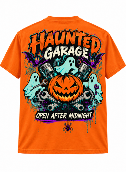 Haunted Garage Halloween Unisex T-Shirt – Mechanic Ghost & Pumpkin Tee💗