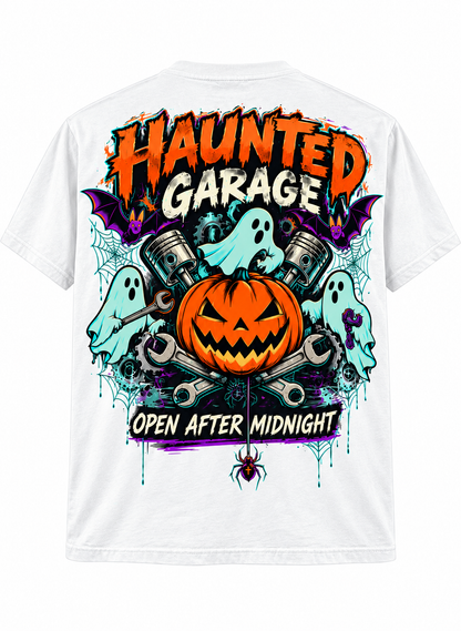 Haunted Garage Halloween Unisex T-Shirt – Mechanic Ghost & Pumpkin Tee💗