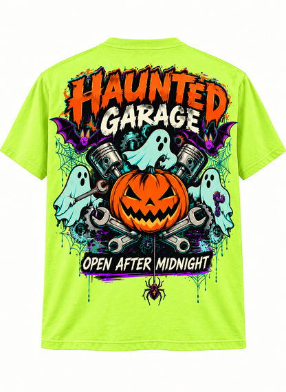 Haunted Garage Halloween Unisex T-Shirt – Mechanic Ghost & Pumpkin Tee💗