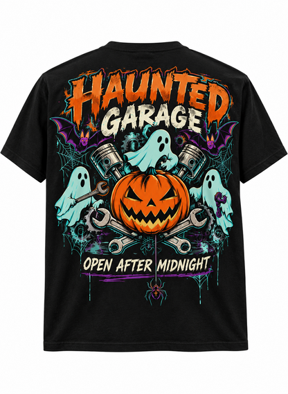 Haunted Garage Halloween Unisex T-Shirt – Mechanic Ghost & Pumpkin Tee💗