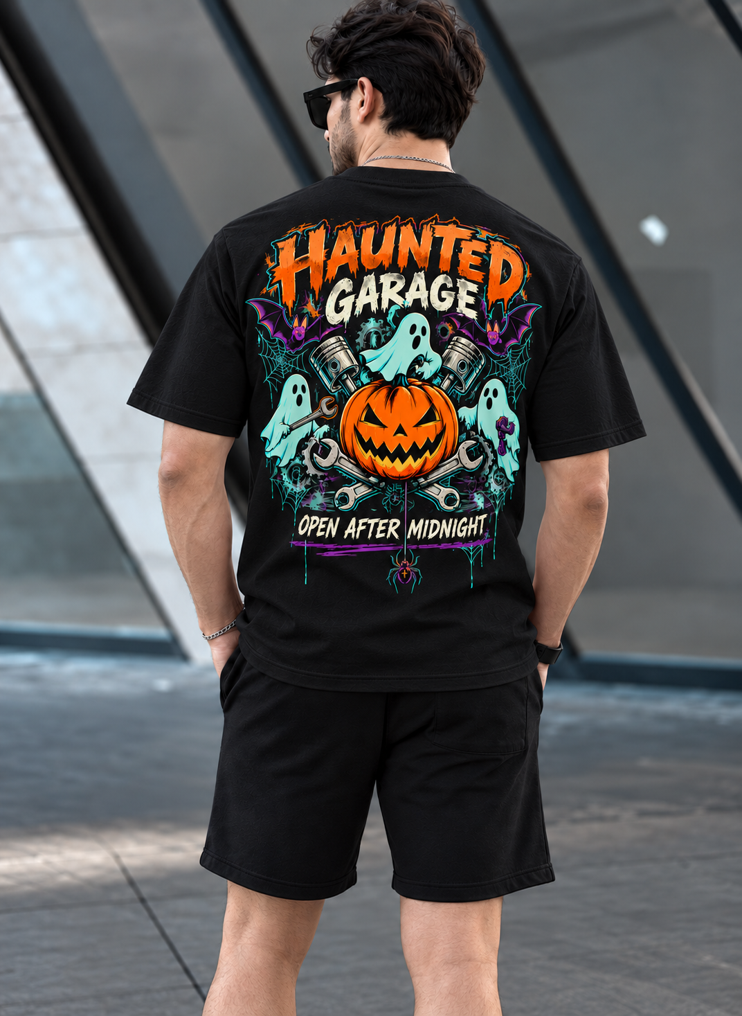 Haunted Garage Halloween Unisex T-Shirt – Mechanic Ghost & Pumpkin Tee💗