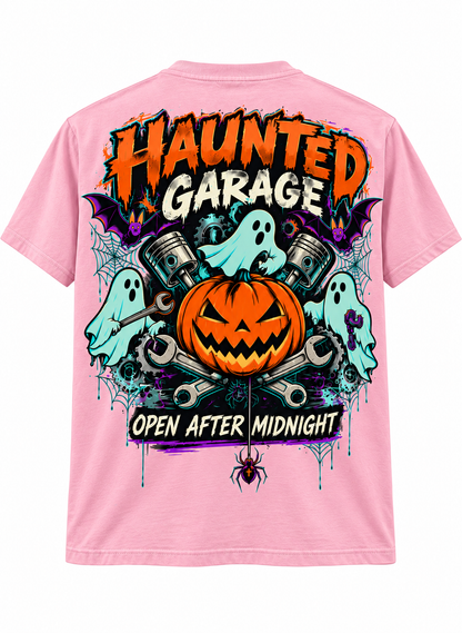 Haunted Garage Halloween Unisex T-Shirt – Mechanic Ghost & Pumpkin Tee💗